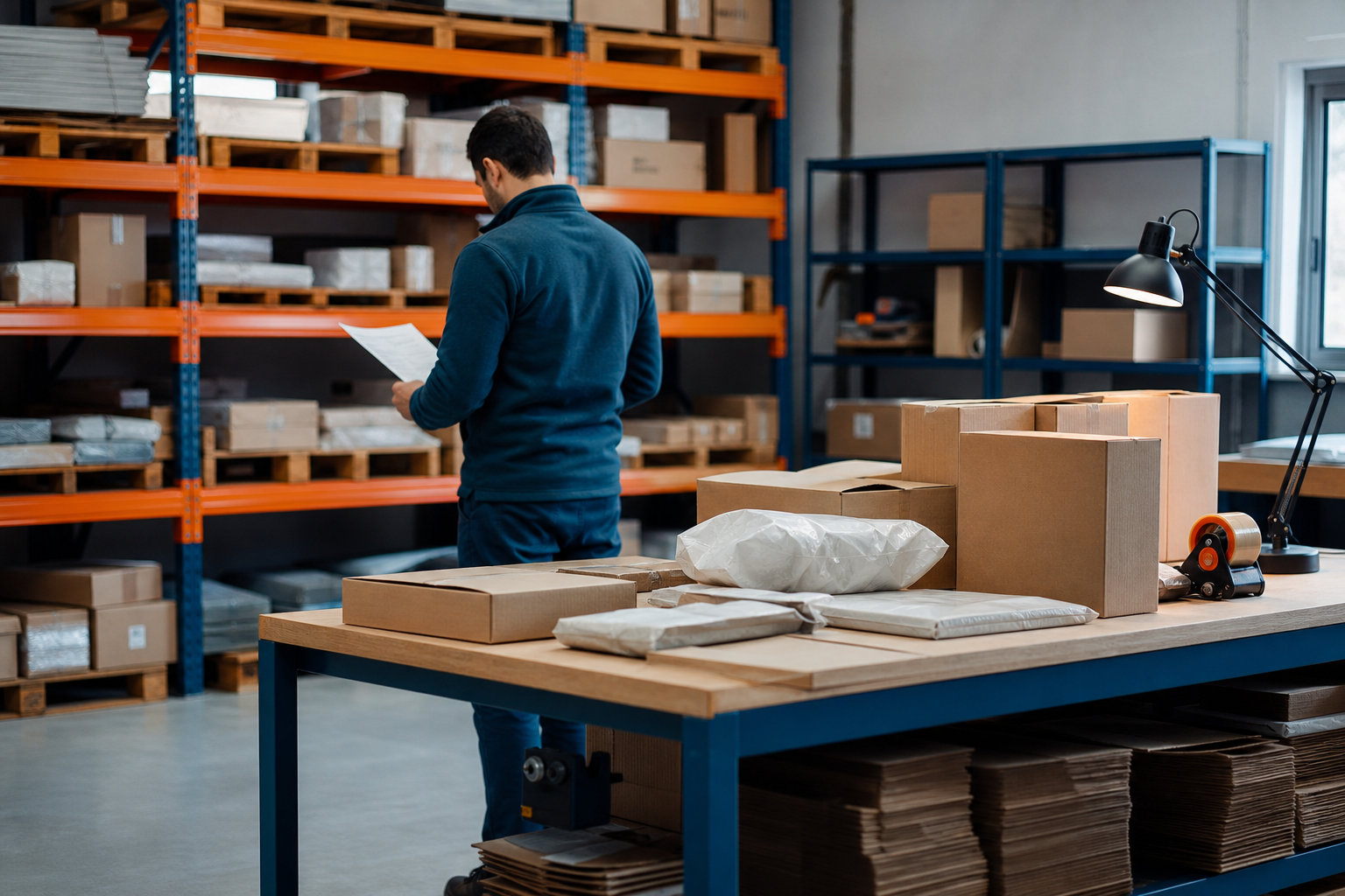Preparación ilustrativa de cajas y bultos en un depósito ordenado